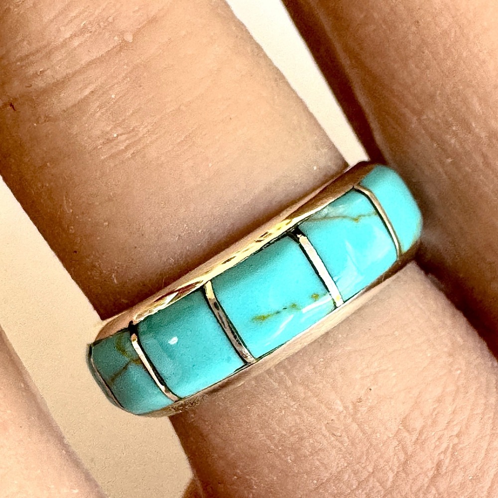Native American Turquoise Wedding Band Sz 7 Ring 6mm Signed MK Zuni Inlay